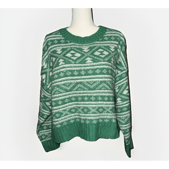 American Eagle Green Fair Isle Sweater Crewneck Snowdrift Warm Cozy Large St Pat - Picture 9 of 15